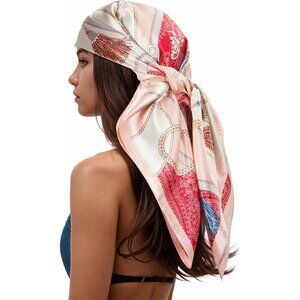 Women's Red/Pink Head Scarf Like Silk Printed Square Hair Bandanas 35 Inches